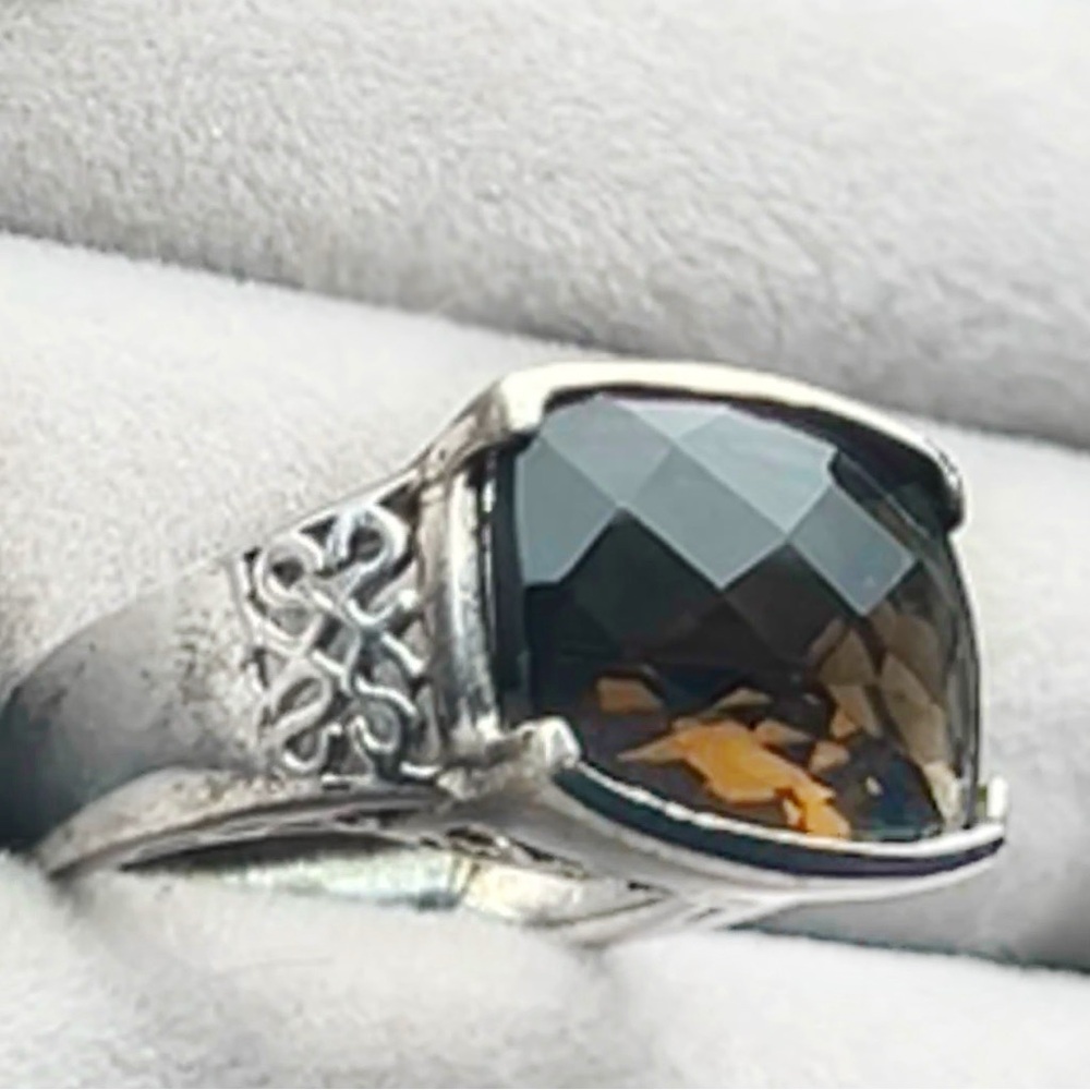 Size 7 sterling silver 925 handmade filigree ring cushion cut smoky topa…